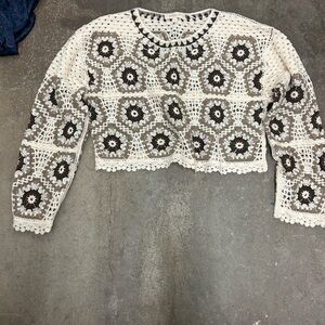 Rebellion Cream and Brown Crochet Blouse cropped